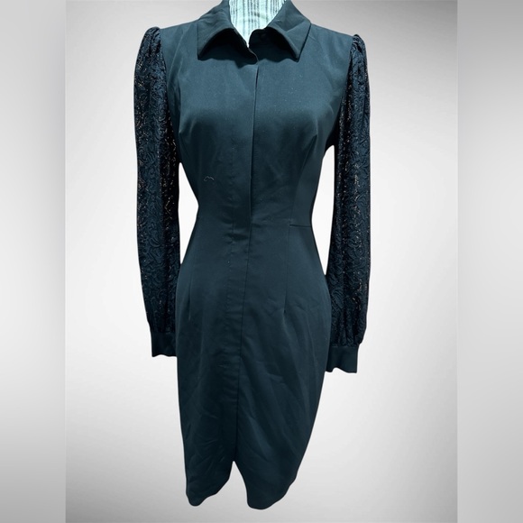 Badgley Mischka Black SHirt dress with lace long sleeves size 4 - Picture 3 of 9